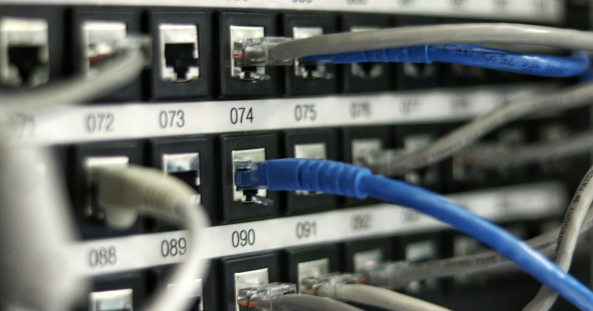 Câbles réseau branchés sur un panneau de brassage, symbole des installations télécoms réalisées par des sous-traitants