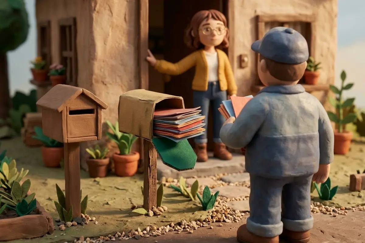 Un livreur bourre de publicités une boîte aux lettres en carton, la vraie boîte aux lettres de Lena reste vide